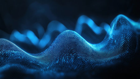 Abstract blue lines against a dark background, a fluid, wavy pattern, a dark and atmospheric background, glowing light effects, a black and blue color scheme, cinematic lighting, depth of field, a close-up shot, a macro lens, high resolution, high detail, sharp focus, hyper-realistic. --ar 53:30 --v 6.1 Job ID: e84302c6-783f-41cb-a428-34e45112babfの素材