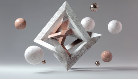 A three-dimensional geometric figure composed of triangles and squares, with several spheres floating around it. The background is gray. In the center, there's an abstract star shape made up of white triangles and brown or pink circles, all floating in space. It resembles an art installation or architectural design. --ar 26:15 --v 6.1 Job ID: 47b52506-bc7d-4f34-b484-af91f7edbf0fの素材