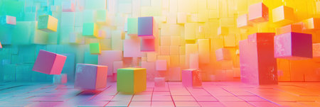 Colorful background with vibrant cubes. Background for design, banner, or wallpaper. Abstract color block pattern. 3D rendering illustration. Rainbow-colored wall texture. --ar 3:1 --v 6.1 Job ID: 9d8b36bd-28dc-4747-911f-cdf2ff368c05の素材