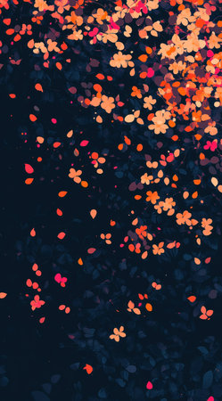 Design an illustration of wildflowers in various shades of navy, orange, and pink on a dark blue background. The pattern should be dense with small flowers scattered throughout the design. Add some empty space between each flower for text or other elements to fit into your project. This will create a colorful and vibrant floral wallpaper that would make great material texture for a mobile app user interface. --ar 71:128 --v 6.1 Job ID: 3c47ac5a-20da-4444-a978-ac07c4117eebの素材