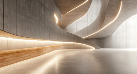Abstract empty interior of a modern concrete and wood museum with curved shapes, wall lighting, and flooring. 3D rendering. --ar 28:15 --v 6.1 Job ID: 45a1df72-1c1e-4f77-9d2c-965d81c0b7edの素材