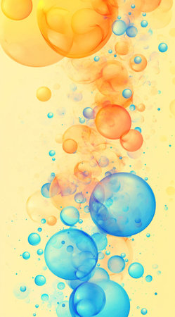 Abstract background with colorful bubbles, light orange and sky blue gradient color scheme, light yellow solid background, vector illustration style, clean lines, high-definition details, best quality, super resolution, bright colors, circular composition, harmonious color combination. --ar 71:128 --v 6.1 Job ID: ba9f976f-ed28-495a-8d70-593b10cdb6a7の素材