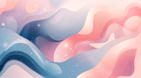 A soft pink and blue gradient background with swirling shapes, stars, and nebulae in the sky. A digital art style that creates an ethereal atmosphere. The design is a blend of realism and fantasy elements, with the colors creating a dreamy effect. It includes detailed textures and highlights to enhance depth and three-dimensionality. This artwork has been created using vector graphics software such as Adobe Illustrator or Procreate, in the style of a digital artist. --ar 128:71 --v 6.1 Job ID: c5096c13-fa22-4c9d-910c-00ce4cb0ec49の素材