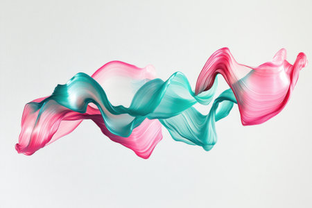 Colorful fluid ribbon or wavy paintbrush stroke lines in abstract shapes on a white background. Colorful fluid ribbons or waxy forms of curved, long plastic streamers in pink and teal colors. --ar 3:2 --v 6.1 Job ID: cfcb8162-ed06-4a2e-b0c9-c5a4438f7a65の素材