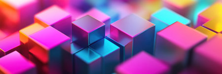 Colorful background with vibrant cubes. Background for design, banner, or wallpaper. Abstract color block pattern. 3D rendering illustration. Rainbow-colored wall texture. --ar 3:1 --v 6.1 Job ID: 9d8b36bd-28dc-4747-911f-cdf2ff368c05の素材
