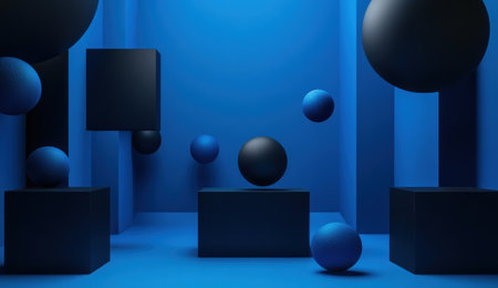 Blue background with three-dimensional geometric shapes, dark blue and black colors, simple style, minimalist design, high resolution, high quality, high detail, high definition, high contrast, high dynamic range, symmetrical composition, 3D rendering, three-dimensional effect. --ar 26:15 --v 6.1 Job ID: 965bdaf7-8677-4075-b323-c194440d8f1fの素材