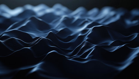 Abstract blue lines against a dark background, a fluid, wavy pattern, a dark and atmospheric background, glowing light effects, a black and blue color scheme, cinematic lighting, depth of field, a close-up shot, a macro lens, high resolution, high detail, sharp focus, hyper-realistic. --ar 53:30 --v 6.1 Job ID: e84302c6-783f-41cb-a428-34e45112babfの素材