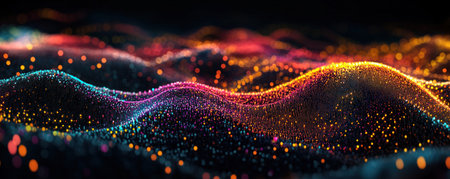 Abstract digital glowing background with a gradient, colorful wave and data graph chart of different colors for technology, science, or social media marketing concepts. Detailed illustration, high resolution, professional photograph. The ultra-realistic color grading captures the intricate details in sharp focus against a dark backdrop. --ar 5:2 --v 6.1 Job ID: 2753fca7-6248-494b-8d9f-c9e6d733bfebの素材