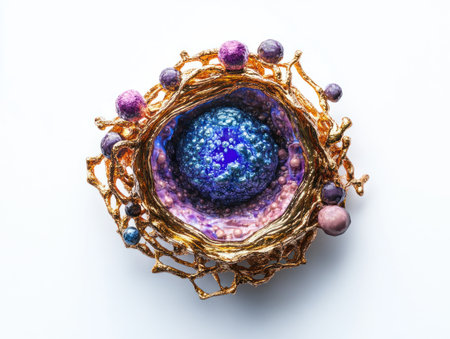 A top-down view of an isolated human cell, with the blue-walled nucleus inside and purple-pink focal point muscle cells visible around it on a white background. The focus is on capturing details like tiny gold-colored structures and colorful, small stones scattered within the photorealistic textures, emphasizing depth and realism in the model's structure. --ar 4:3 --v 6.1 Job ID: 33f2b852-7258-410d-92b4-e57d4d8d27a8の素材