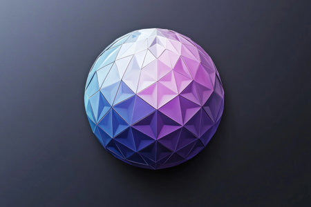 A sphere composed of triangles, rendered in Cinema 4D with purple and blue gradients. The design is minimalist, with the triangle pattern arranged to create an abstract geometric form that resembles both organic shapes and architectural structures. It's a three-dimensional rendering on a dark gray background, giving it depth and contrast. --ar 3:2 --v 6.1 Job ID: f7c3f324-2204-4d61-986c-7613e17db77aの素材
