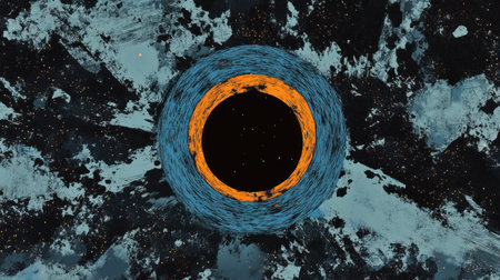 Black hole with a blue and orange accretion disk, against a starry background. Black holes are supermassive objects that contain an immense mass, a fact which many scientists do not dispute. --chaos 30 --ar 16:9 --v 6.1 Job ID: dbb8debf-831f-4e44-babb-d674661ff5b7の素材