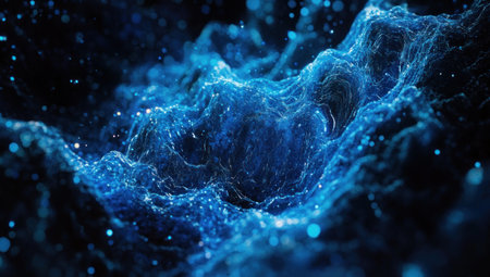 Abstract blue lines against a dark background, a fluid, wavy pattern, a dark and atmospheric background, glowing light effects, a black and blue color scheme, cinematic lighting, depth of field, a close-up shot, a macro lens, high resolution, high detail, sharp focus, hyper-realistic. --ar 53:30 --v 6.1 Job ID: e84302c6-783f-41cb-a428-34e45112babfの素材