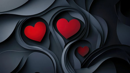 Black background with red hearts, paper-cut style, dark gray and black color scheme, high resolution, simple composition. --chaos 30 --ar 16:9 --v 6.1 Job ID: 86f58a32-2b46-4f83-bccc-394f0b5c9201の素材