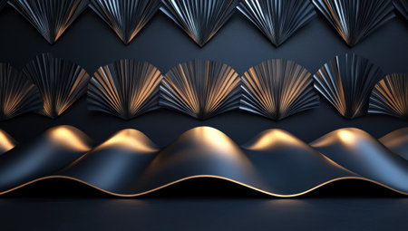 Black and gold geometric background podium for product presentation, stage with fan-shaped elements, symmetrical composition, soft lighting, modern design style, high resolution, 3D rendering, no text or symbols. --ar 53:30 --v 6.1 Job ID: 85e5c6be-2514-486d-b262-d44038951839の素材