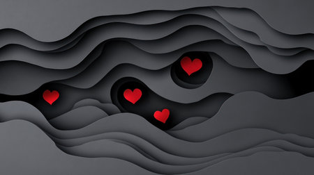 Black background with red hearts, paper cut art style, black and dark gray color scheme, high resolution, high quality, high detail, high sharpness. --chaos 30 --ar 16:9 --v 6.1 Job ID: 58a2ca14-e006-4585-a515-73f5e6c85ec9の素材