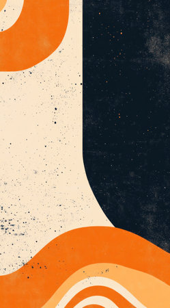 An orange, navy blue, and cream color scheme with abstract waves, retro poster style, grainy texture, vintage colors, simple shapes, flat design, simple lines, flat vector graphics, flat illustration, symmetrical composition, bold lines, 2D, high resolution, in the style of a vintage poster. --ar 71:128 --v 6.1 Job ID: 5ab003c5-c22f-4d77-801c-6d741a696500の素材