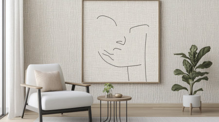 A minimalist line drawing of an abstract face on the wall in a large frame, placed above a modern white armchair with small black metal legs and a soft cushioned seating area in a dining room with natural light, simple and elegant, in beige tones. --chaos 30 --ar 16:9 --v 6.1 Job ID: e45bdf2f-f0de-4da2-81b3-89ab9507dfedの素材