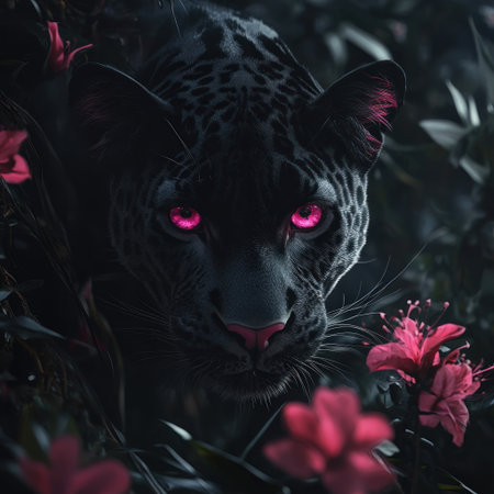Black leopard in the jungle, pink eyes, fantasy art style, dark background, pink flowers, hyperrealistic --v 6.1 Job ID: 5b9cd7c2-f956-4ba9-981c-9a54e00cae83の素材