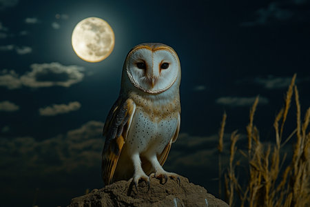 Owl in the moonlight, photorealistic landscapes, realistic detail, National Geographic-style photography, full-body portrait, night scene, moonlit sky, moon above the owl's head. --ar 3:2 --v 6.1 Job ID: 2c17d0b7-8f1f-406e-8f10-86a10eb70678の素材