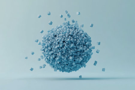 Abstract minimalistic animation of blue cubes flying around in the shape of a sphere, with a simple background. --ar 3:2 --v 6.1 Job ID: 09bafa80-a7a1-4586-98b8-ea867d89dc82の素材
