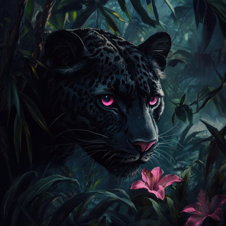 Black leopard in the jungle, pink eyes, dark background, fantasy art style, digital painting, detailed, fantasy, fantasy plants and nature, pink flowers, hyper-realistic --v 6.1 Job ID: 67c5bf24-1d6a-4f4a-bd04-ef15fe42e2bbの素材
