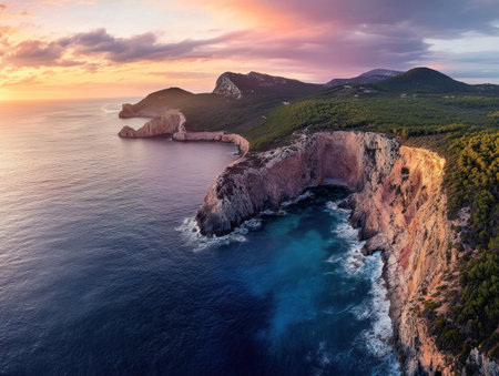 Photograph the rugged beauty of Es VedrÃ  in Ibiza, Spain at sunset with dramatic lighting and the iconic dragon egg-shaped island partially visible on its right side, framed by lush greenery along an expansive coastline. The sky is painted with hues of pink as the sun sets behind a mountain range, casting long shadows over the tranquil sea waters, creating a serene yet mysterious atmosphere. Shot from high above using a Nikon D850 camera with a wide-angle lens for a panoramic view. --ar 4:3 --v 6.1 Job ID: 619bd79d-1803-49a3-8ab6-e59a503ec1acの素材