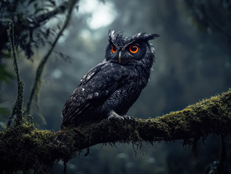 Photo of a crested screech owl, perched on a moss-covered tree branch in the Amazon Rainforest at night. The dense forest backdrop is dark and mysterious, with distant trees visible through the misty air. The owl has striking orange eyes. Captured in the style of Canon EOS R5. --ar 4:3 --v 6.1 Job ID: 1b58f1b0-5c52-416a-8096-4b05bc296b53の素材