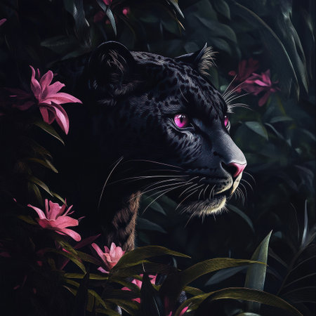Black leopard in the jungle, pink eyes, dark background, fantasy art style, digital painting, detailed, fantasy, fantasy plants and nature, pink flowers, hyper-realistic --v 6.1 Job ID: 67c5bf24-1d6a-4f4a-bd04-ef15fe42e2bbの素材