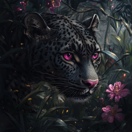 Black leopard in the jungle, pink eyes, dark background, fantasy art style, digital painting, detailed, fantasy, fantasy plants and nature, pink flowers, hyper-realistic --v 6.1 Job ID: 67c5bf24-1d6a-4f4a-bd04-ef15fe42e2bbの素材