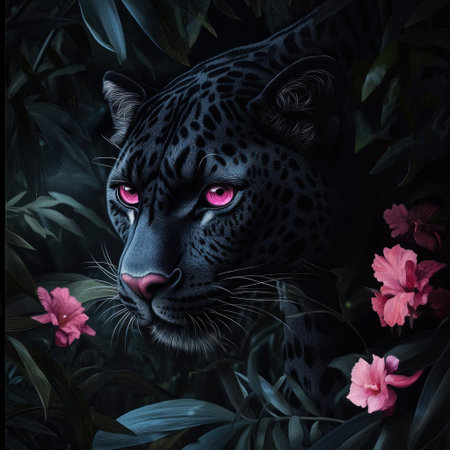 Black leopard in the jungle, pink eyes, fantasy art style, dark background, pink flowers, hyperrealistic --v 6.1 Job ID: 5b9cd7c2-f956-4ba9-981c-9a54e00cae83の素材