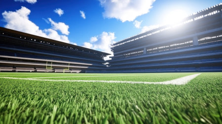 Cinematic photograph of the grass inside a football stadium, with a blue sky and clouds visible. The wide-angle shot is taken from a low camera position, with the grass in the foreground and the full stadium building visible in the background. The stadium appears to be new and modern, and the lighting is natural, with sunrays shining through the roof of the stands. There are no fans on the field. The photography is high-resolution and sharply focused, resulting in a high-quality image. --chaos 30 --ar 16:9 --v 6.1 Job ID: 79d68579-a2df-4f85-bb1d-c3ab1181c07bの素材