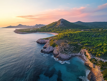 Photograph the rugged beauty of Es VedrÃ  in Ibiza, Spain at sunset with dramatic lighting and the iconic dragon egg-shaped island partially visible on its right side, framed by lush greenery along an expansive coastline. The sky is painted with hues of pink as the sun sets behind a mountain range, casting long shadows over the tranquil sea waters, creating a serene yet mysterious atmosphere. Shot from high above using a Nikon D850 camera with a wide-angle lens for a panoramic view. --ar 4:3 --v 6.1 Job ID: 619bd79d-1803-49a3-8ab6-e59a503ec1acの素材