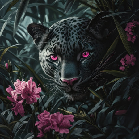 Black leopard in the jungle, pink eyes, fantasy art style, dark background, pink flowers, hyperrealistic --v 6.1 Job ID: 5b9cd7c2-f956-4ba9-981c-9a54e00cae83の素材