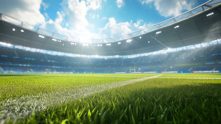 Photorealistic photograph of the interior view from inside a large soccer stadium with a grass field, blue sky, and sunlight shining through clouds. The shot is taken from a high angle, with sharp focus on the foreground grass and a blurred background. The image was captured using a Sony Alpha A7 III camera with an f/4 aperture setting to capture details and depth in each frame. --chaos 30 --ar 16:9 --v 6.1 Job ID: 6ed309f2-a193-4869-8bd7-b86205797b38の素材