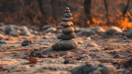 Photo of a balanced stack of stones on smooth sand with raked lines in the background, symbolizing balance and meditation for Zen garden design. Web banner with copy space on the left side. --chaos 30 --ar 16:9 --v 6.1 Job ID: cf14de83-926b-4000-9d39-cbd559899bf6の素材