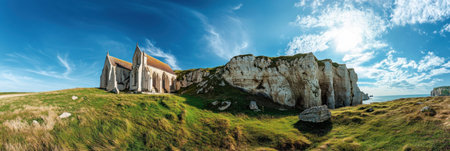 Panoramic view of the church and cliff in Ãtretat, France, with a blue sky and green grassland. --ar 3:1 --v 6.1 Job ID: a366ae11-35ec-42bc-ab31-cb20b0819fe8の素材