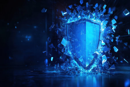 Abstract blue geometric shapes breaking through a dark background, forming an explosion effect. The shattered pieces form the shape of a shield and a door, symbolizing protection or security in technology. High resolution. High quality. High detail. Cinematic. --ar 3:2 --v 6.1 Job ID: 6ff6172c-cf9b-4e61-b5c1-7e62b3a260d8の素材