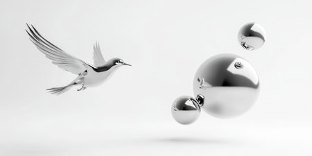 Birds, spheres, and chrome objects on a white background. Silver abstract 3D render illustration. A minimalistic concept of modern technology design elements. --ar 2:1 --v 6.1 Job ID: e0f01183-8340-4531-8a4d-3a17c2c09058の素材