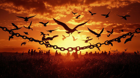 The broken chain breaking free, birds flying towards the sky, a sunrise background, symbolizing freedom and new beginnings. The concept of a presidential transition and conveys hope for transformation in their lives. A visual representation of people breaking chains to force their way through a beautiful sunrise sky, surrounded by soaring seagulls, symbolizes inner strength or peace as they get rid of the heavy weights that chained them down, finding freedom and lightness. --chaos 30 --ar 16:9 --v 6.1 Job ID: 0df2dfc0-fcb3-4453-8260-833c58d323acの素材