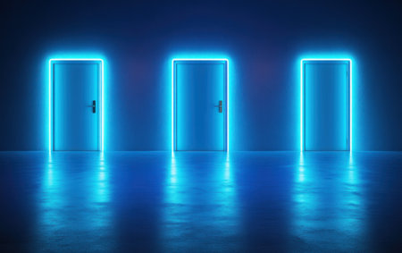 Abstract blue background with doors illuminated by neon light, minimalist interior design, simple wallpaper. --ar 8:5 --v 6.1 Job ID: f1a2112c-8492-4329-9594-9fdc87ab263aの素材