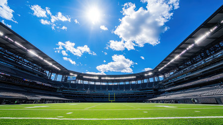 Cinematic photograph of the grass inside a football stadium, with a blue sky and clouds visible. The wide-angle shot is taken from a low camera position, with the grass in the foreground and the full stadium building visible in the background. The stadium appears to be new and modern, and the lighting is natural, with sunrays shining through the roof of the stands. There are no fans on the field. The photography is high-resolution and sharply focused, resulting in a high-quality image. --chaos 30 --ar 16:9 --v 6.1 Job ID: 79d68579-a2df-4f85-bb1d-c3ab1181c07bの素材