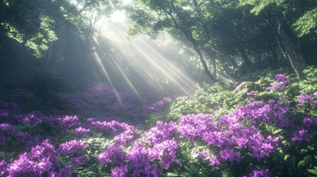 Concept art of an enchanted forest with purple flowers, rays of light shining through the trees, in the style of fantasy. --chaos 30 --ar 16:9 --v 6.1 Job ID: 37c76921-dd71-439a-8b5c-7992710693a8の素材