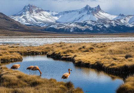 In the Alaida Valley, with its unique topography and wetland environment, guanacos graze on swaying saltmarsh grasses near salt marshlands. The high evaporation water level of Guanaco Island sets off the blue water surface and is surrounded by snow-covered grasslands. It is covered in dense mossy vegetation that adds to its natural beauty. This scene captures animals such as gulls and flamingos in their habitat. In this photo taken from an elevated perspective, you can see two flamingos. --ar 22:15 --v 6.1 Job ID: 5de9b4a6-4f01-486f-bc64-0dbe4adb42c9の素材