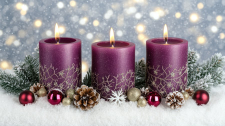 Three purple candles on snow, Christmas decorations, snowflakes, and glowing lights in the background. Photo-realistic landscapes, soft edges, blurred backgrounds, vibrant colors, a Christmas atmosphere, a bright blue sky, twinkling stars, and rays of sunlight shining through the trees. Colors include white, red, green, and yellow. --chaos 30 --ar 16:9 --v 6.1 Job ID: 2a84c6be-b38c-4963-9227-9e00904e5d7fの素材