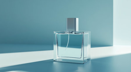 Feminine perfume bottle with a square shape, silver cap, and glass body. Simple design, high resolution, high quality, high detail, sharp focus, no blur effect, on a light blue background. Product photography, product render, product shot, product design, product advertising style. Rendered using Octane, with studio lighting, cinematic style, hyper-realistic, volumetric lighting, ultra-detailed, super-realistic, and super-resolution. --ar 128:71 --v 6.1 Job ID: 48daf0df-8b74-4d43-ad05-affb1a5a2b97の素材