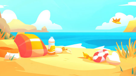 Sunny summer background with beach accessories and copy space, blue sea on the horizon, bright sunlight, golden sand at the seashore, vacation concept banner, wide format for advertising banner or poster design. --chaos 30 --ar 16:9 --v 6.1 Job ID: b6ae8b10-b85d-4dfb-bb8c-c531a17189d0の素材