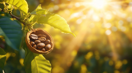 Abstract background with coffee beans and green leaves, sun rays shining through the shell of an open nut full of coffee beans, blurred background of trees in sunlight. --chaos 30 --ar 16:9 --v 6.1 Job ID: 86ed98fb-a54e-4005-ab77-d83a338347a3の素材
