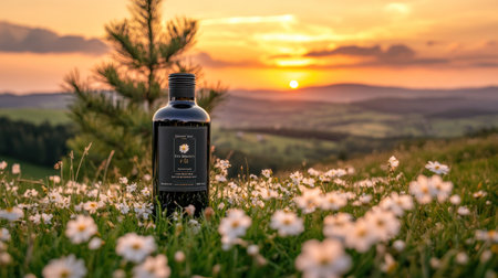 Product photography of a bottle of Chardonnay wine, surrounded by white flowers and pine trees in the foreground with a mountain range in the background, captured during the golden hour using a Sony Alpha A7 III with a FE28mm F/2.8 lens, resulting in a depth of field effect. The image is high resolution, hyper-realistic, beautiful, detailed, with sharp focus, and has a cinematic, editorial style, suitable for advertising and product photography. --chaos 30 --ar 16:9 --v 6.1 Job ID: 7797a1cf-92f5-46da-8c9b-e6cd5dfad276の素材