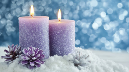 Adorned purple Christmas candles on snow with a blue background banner. --chaos 30 --ar 16:9 --v 6.1 Job ID: 0c4a591c-0014-4ce9-a362-9585c507782cの素材