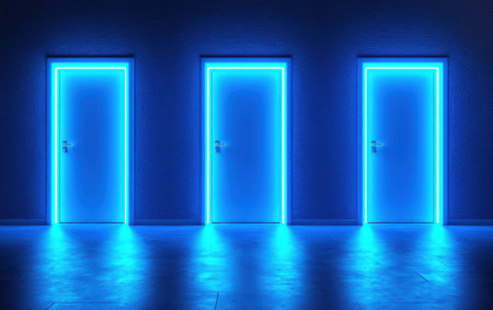 Abstract blue background with doors illuminated by neon light, minimalist interior design, simple wallpaper. --ar 8:5 --v 6.1 Job ID: f1a2112c-8492-4329-9594-9fdc87ab263aの素材